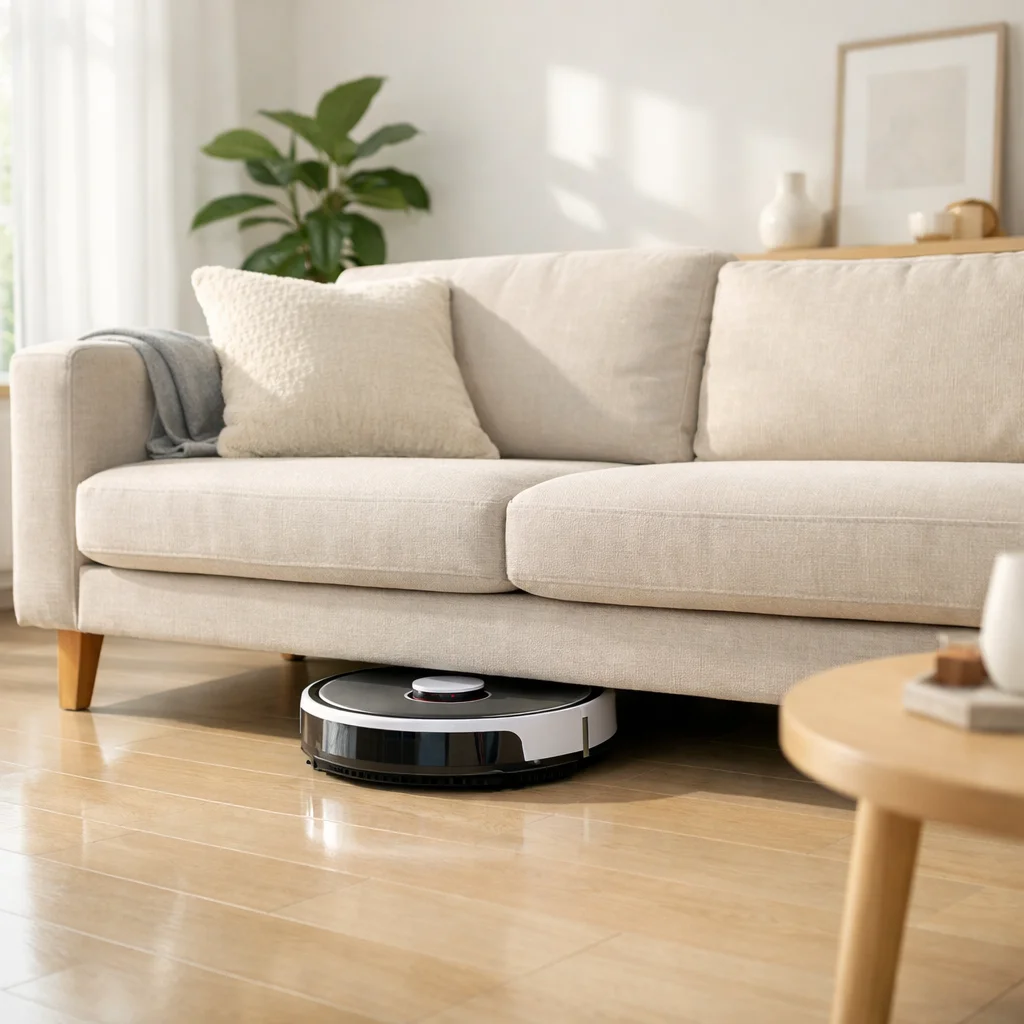 Bright modern living room, spotless floors, robot vacuum cleaning under a sofa, natural daylight, minimal decor, realistic photo style.